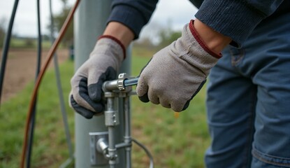 Technician securing bolts on equipment with a wrench during outdoor maintenance work.