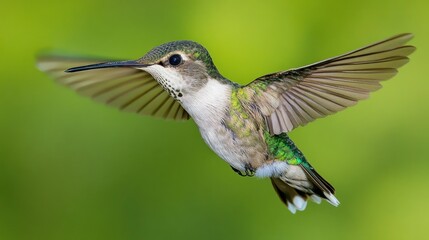 Fototapeta premium Small hummingbird in flight. Detailed view of wings and body