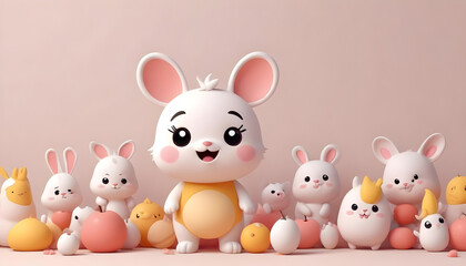 Fototapeta premium A delightful cartoon mouse stands among cute rabbits and cheerful animals, perfect for children's content.