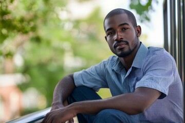 Fototapeta premium man in shirt sitting on railing,hugging knees, looking at camera, background out of focus