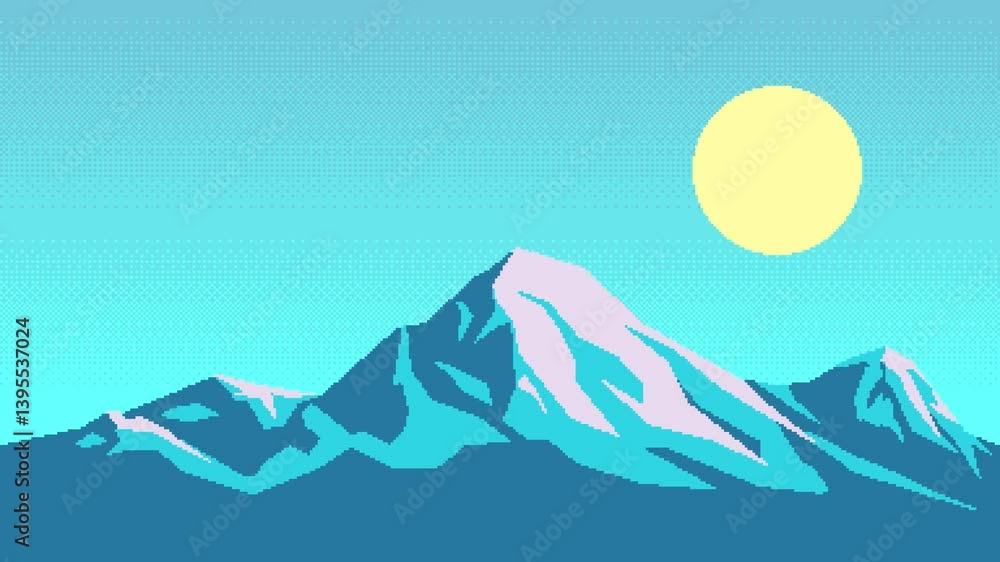 Poster pixel art animation of mountain landscape with switch day and night mode. horizontal animated loopin