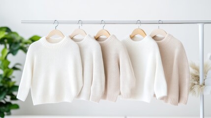 Soft, neutral-toned knitwear on hangers