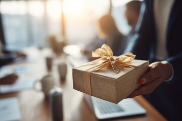 Corporate Gift Offering from Hands in a Professional Setting with Warm Lighting