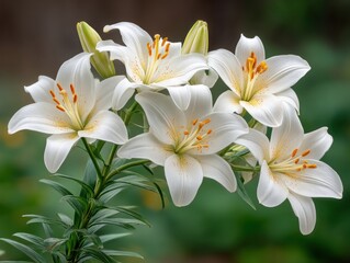 Obraz premium A bouquet of elegant white lilies showcasing their delicate petals and vibrant orange stamens against a lush green background.