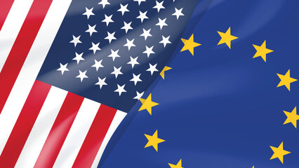 United States and European Union Flags Waving Together, International Relations Concept