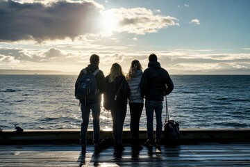 two couples on pier, backs to camera overlooking sea