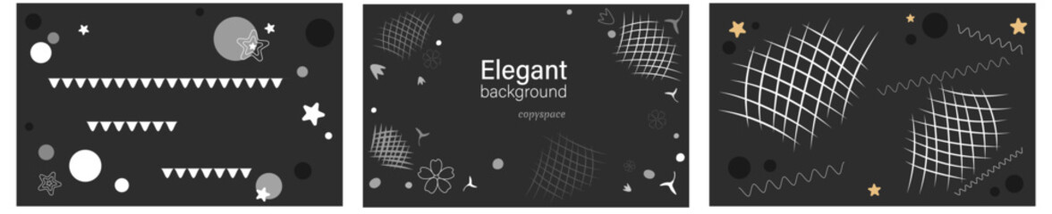 Obraz premium Set of black horizontal backgrounds with white shapes and elements. Several vector banners with different elements and space to copy. Abstract white lines and shapes, circles and stars in flat style