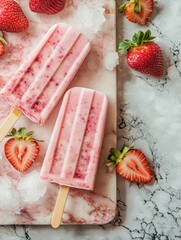 Vegan strawberry popsicle with fruit pieces, vibrant red color, fresh summer snack on light background, minimal composition, copy space