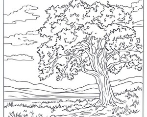 Lone tree, hillside landscape, coloring page, nature