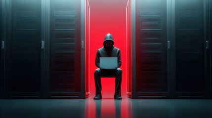 Hacker in dark room with laptop surrounded by server racks