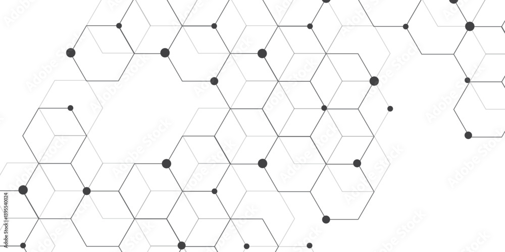 Poster Molecular structure abstract tech background. Geometric white background. Vector banner design with hexagons. Science network pattern, connecting lines and dots Medical background, Vector illustration