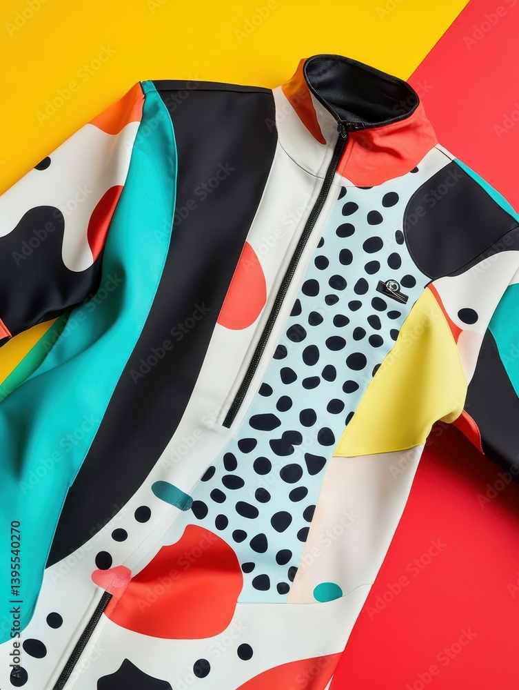 Poster a colorful zip up jacket with abstract and artistic patterns displayed