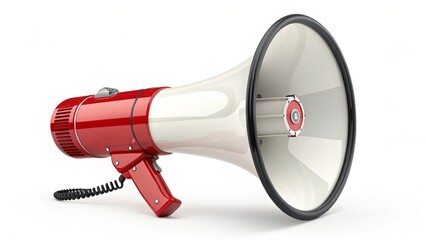 Naklejka premium Red and white megaphone isolated on white background. 3d rendering of bullhorn