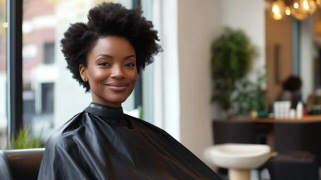 A person sits in a stylish salon, wearing a cape, eyes closed, as a hairstylist begins the haircut