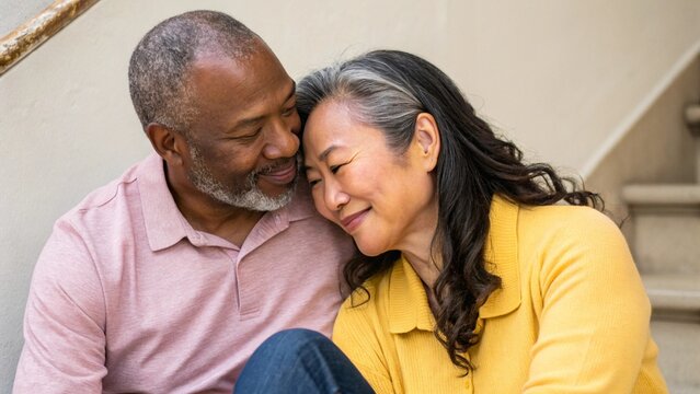 African American and Asian Couple Sharing Affection Representing Love Diversity and Warm Natural Light - Powered by Adobe
