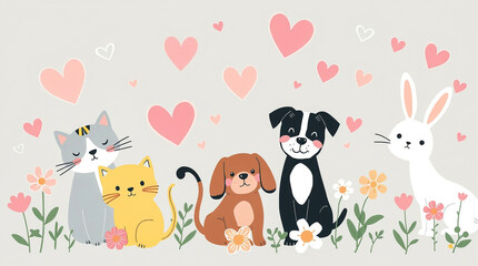 Naklejka premium Adorable illustration of companion animals, showcasing a delightful scene. This heartwarming image captures a moment of unity, ideal for pet enthusiasts and design.