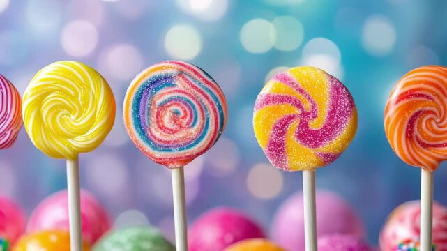 Four brightly colored lollipops are displayed in a row against a vibrant background filled with colorful candy