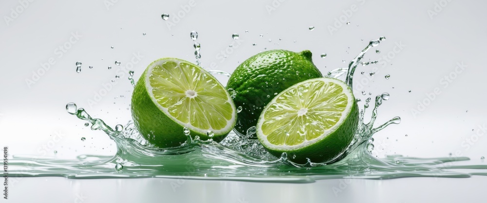 Poster water splash with a half-cut fresh lime set on an isolated background.