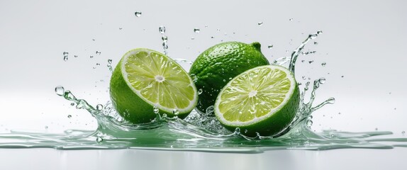 Water splash with a half-cut fresh lime set on an isolated background.