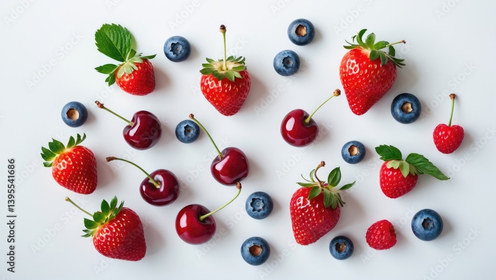 Poster white background featuring isolated fresh berries with complete depth of field