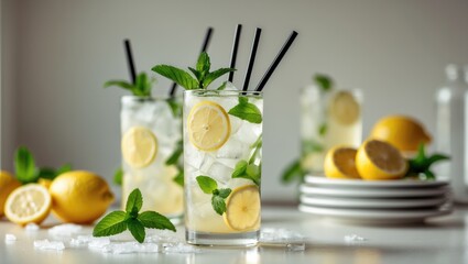 Fototapeta premium Cool summer cocktail including ice, mint, and lemons, focused image