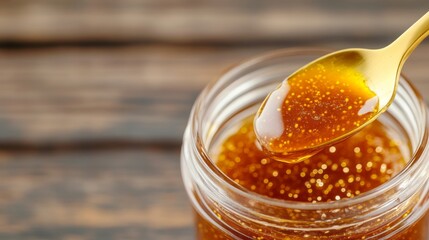 Thick fig jam in a clear jar with a golden spoon, rustic wood tones and space for overlay text, minimalism