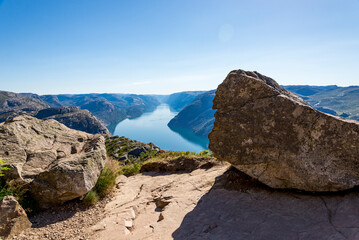 Spectacular View to Lysefjord Fjord Stretched Between Mountain Peaks From Preikestolen Hiking Trail, Stavanger, Norway, July 2018