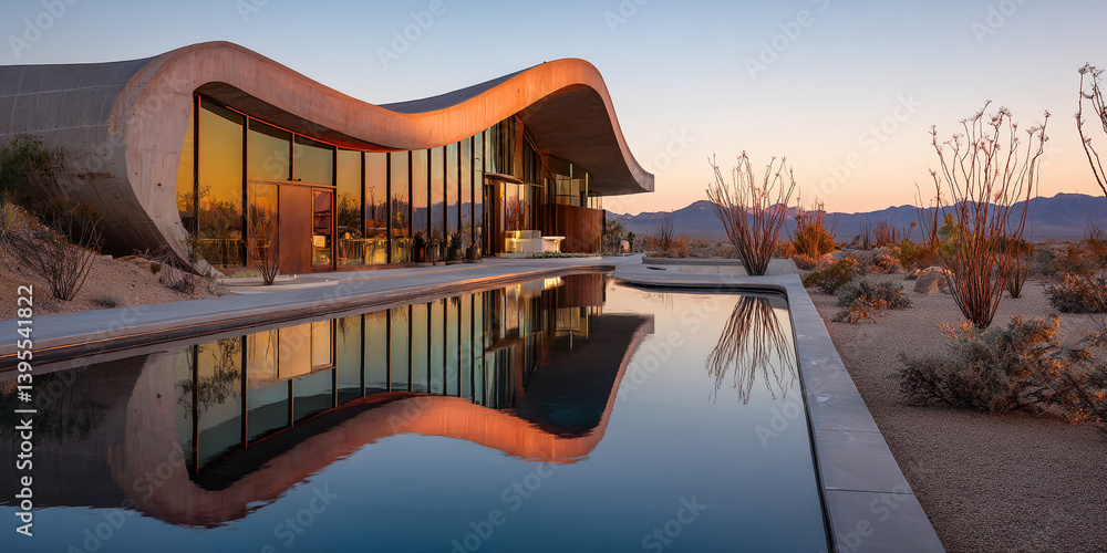 Poster curved concrete building reflecting in calm water at sunset, showcasing modern architecture and dese