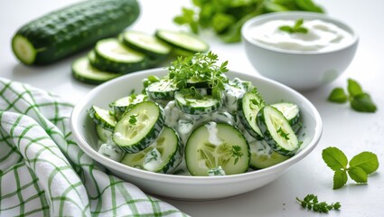 Obraz premium Fresh Salad of Cucumber with Yogurt and Herbs