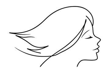 Elegant Woman Profile, Windblown Hair, Simple Line Art, Black and White