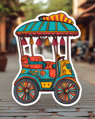 
A playful sticker of a simplified Indian rickshaw, colorful with tassels, zooming with a trail of dust. Soft pastel tones, flat colors, bold lines, clean outline, and a white border.