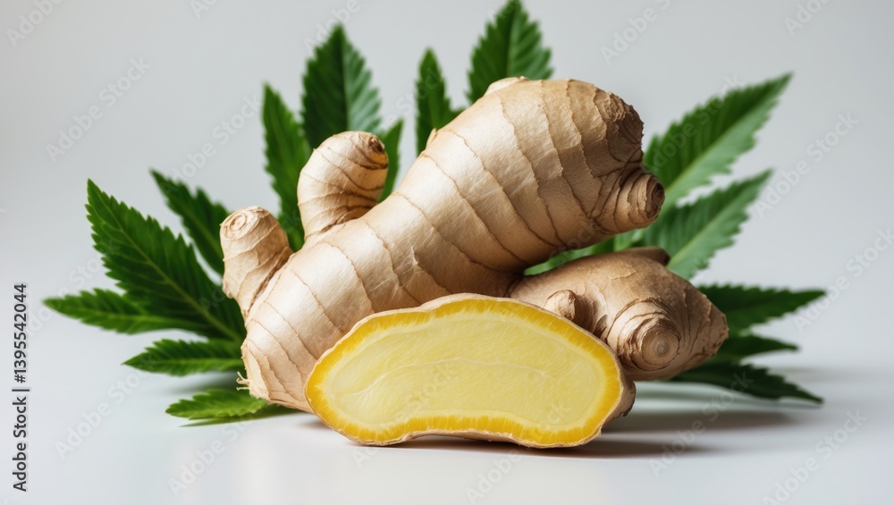 Poster ginger root with its leaves set against a white background