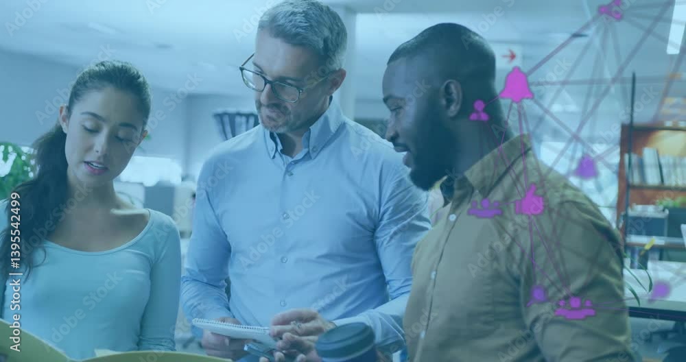 Poster discussing work, diverse colleagues with digital network animation overlay in office