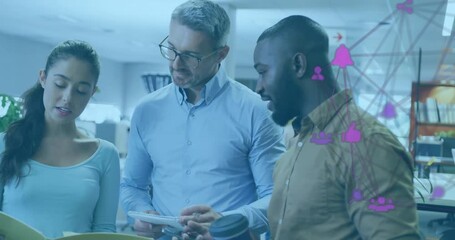 Discussing work, diverse colleagues with digital network animation overlay in office - Powered by Adobe
