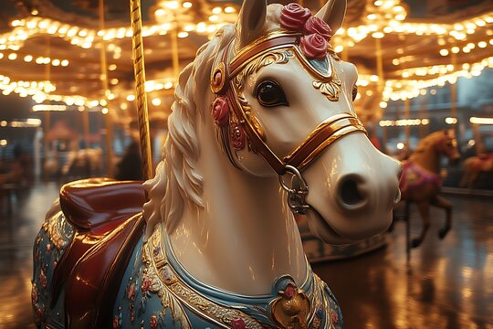 Ornate carousel horse close-up at night.