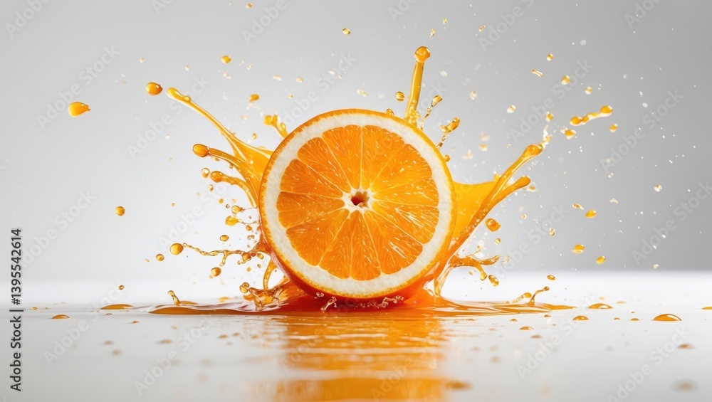 Poster motion freeze of orange slices with juice splashing, isolated on a background