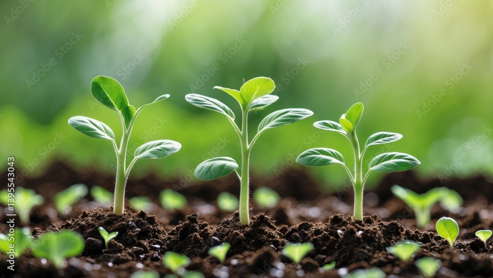 Poster lively green seedlings developing on a hazy background, area for text