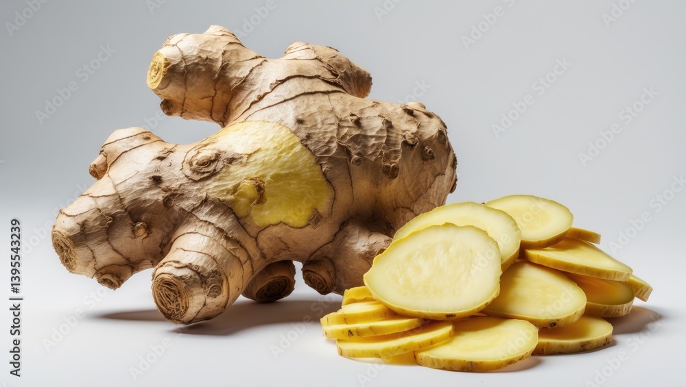 Poster fresh and sliced ginger displayed on a white surface.