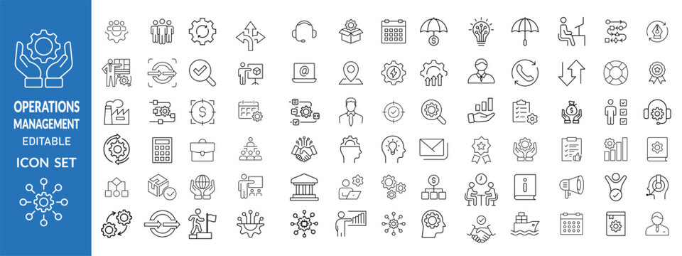 Operations management web icons in line style. Logistics, business process, maintenance, supply chain, improvement, planning, Audit, processing, operation collection.