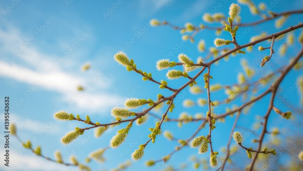 Poster flowering willow-catkins visible on a branch of a shrub swaying gently in the breeze.
