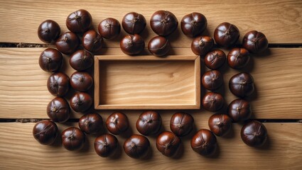 Horse chestnut seed frame set against an oak wood table background.