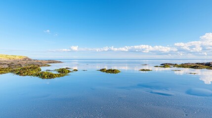Serene Coastal Landscape With Clear Reflections In A Tranquil Tide Pool Under A Bright Blue Sky