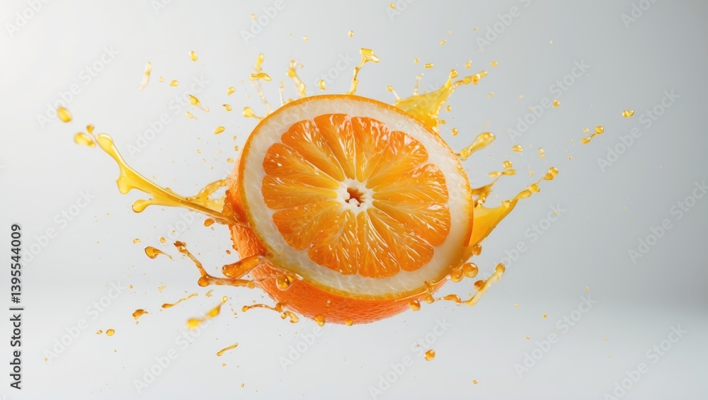 Poster frozen motion of sliced orange with splashing juice against a background