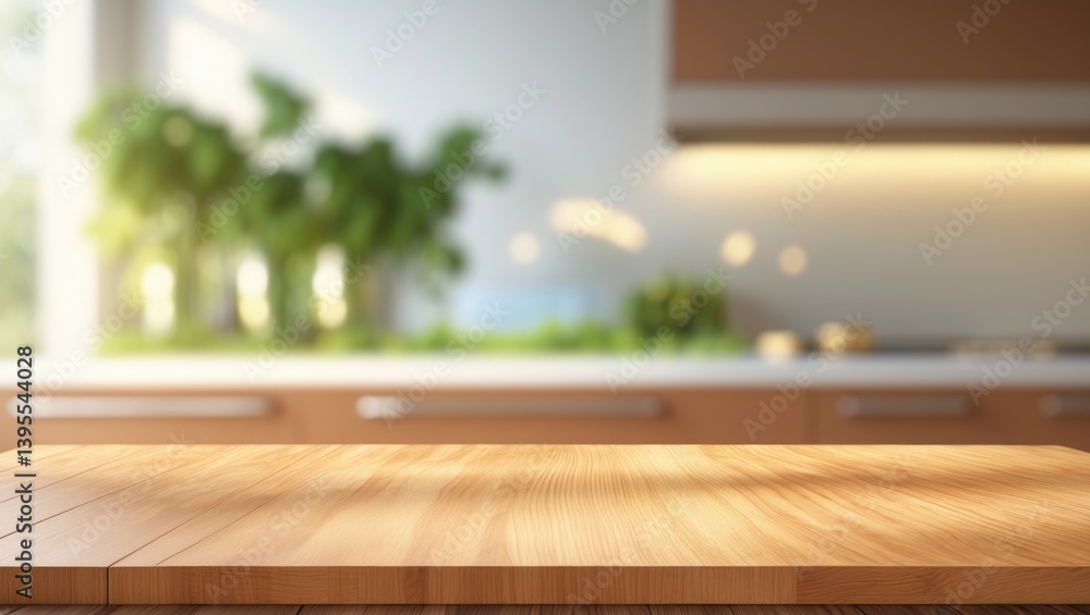 Aufkleber wooden tabletop in focus against a blurred kitchen counter for designing key visual layouts or produ