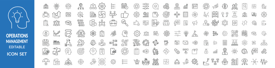 Operations management web icons in line style. Logistics, business process, maintenance, supply chain, improvement, planning, collection. Vector