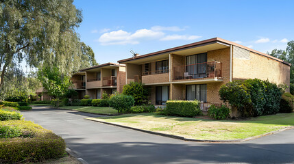 Beige Apartment Buildings With Balconies And Lush Landscaping