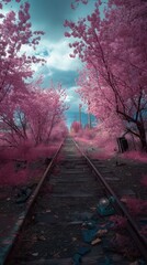Naklejka premium Surreal photography, dreamy and ethereal atmosphere, cherry blossom-covered railway tracks winding through an abandoned landscape, delicate blue petals gracefully falling from.