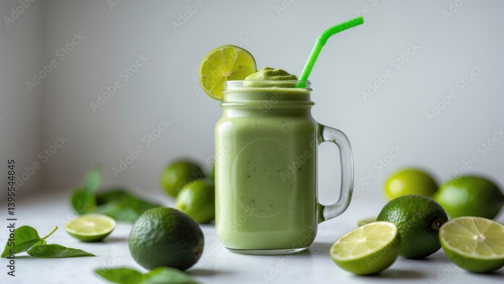 Poster detailed view of fresh feijoa smoothie in a mason jar placed on a light table, with space for text
