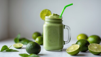 Detailed view of fresh feijoa smoothie in a mason jar placed on a light table, with space for text