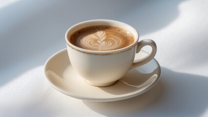 Fototapeta premium A light porcelain cup showcasing fresh hot creamy coffee on a white setting.